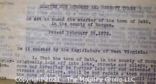 19th Century Legal Documents of Bath, West Virginia, later to be called Berkeley Springs.  Includes Land Plat of the Town of Bath, Ordinances and Bylaws, 1894 and Act to Amend the Charter of Bath.