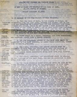 19th Century Legal Documents of Bath, West Virginia, later to be called Berkeley Springs.  Includes Land Plat of the Town of Bath, Ordinances and Bylaws, 1894 and Act to Amend the Charter of Bath.