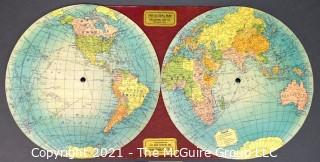 Vintage The Global Map by Global Map Company, 1940.  Two Flat Hemispheres Rotate Adjoining Each Other To Show The Shortest Airline Distances Between Points. 