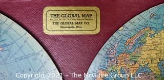 Vintage The Global Map by Global Map Company, 1940.  Two Flat Hemispheres Rotate Adjoining Each Other To Show The Shortest Airline Distances Between Points. 