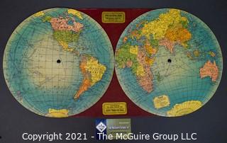 Vintage The Global Map by Global Map Company, 1940.  Two Flat Hemispheres Rotate Adjoining Each Other To Show The Shortest Airline Distances Between Points. 