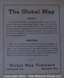 Vintage The Global Map by Global Map Company, 1940.  Two Flat Hemispheres Rotate Adjoining Each Other To Show The Shortest Airline Distances Between Points. 