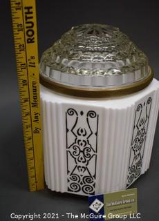 Vintage Art Deco White with Black Decoration Wedding Cake Glass Ceiling Mount Lamp Shade. Measures 13" tall.