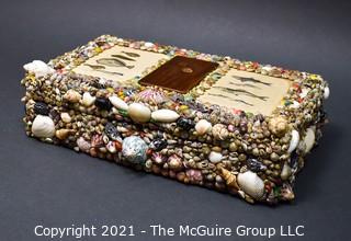 Artisan Made and Signed Shell Encrusted Trinket or Jewelry Box with Fish Lithographs.  Measures 4" X 7" X 13".