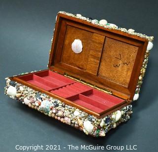 Artisan Made and Signed Shell Encrusted Trinket or Jewelry Box with Fish Lithographs.  Measures 4" X 7" X 13".