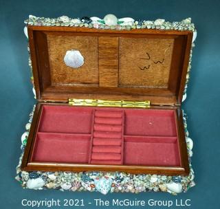 Artisan Made and Signed Shell Encrusted Trinket or Jewelry Box with Fish Lithographs.  Measures 4" X 7" X 13".