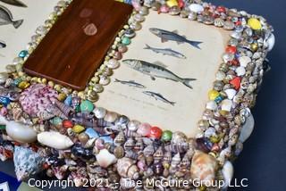 Artisan Made and Signed Shell Encrusted Trinket or Jewelry Box with Fish Lithographs.  Measures 4" X 7" X 13".