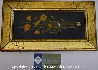 Two Wood Wall Mount Hand Towel Racks and Small Gilt Framed Painting of Yellow Flowers. 