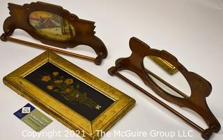 Two Wood Wall Mount Hand Towel Racks and Small Gilt Framed Painting of Yellow Flowers. 