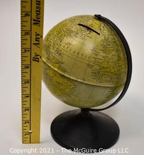 Vintage Metal Lithograph World Globe Coin Bank. 