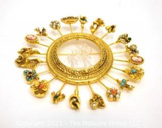 Vintage Goldette Reverse Intaglio Charm Wheel Brooch.  Measures 3" diameter. 