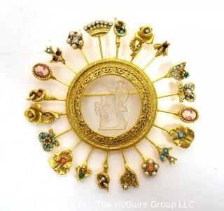 Vintage Goldette Reverse Intaglio Charm Wheel Brooch.  Measures 3" diameter. 