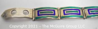 Vintage Blue & Green Enamel on Sterling Silver Hinged Buckle Bangle Bracelet. 