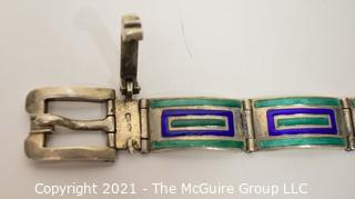 Vintage Blue & Green Enamel on Sterling Silver Hinged Buckle Bangle Bracelet. 