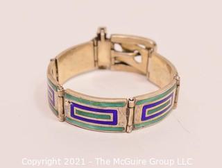 Vintage Blue & Green Enamel on Sterling Silver Hinged Buckle Bangle Bracelet. 