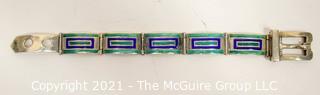 Vintage Blue & Green Enamel on Sterling Silver Hinged Buckle Bangle Bracelet. 