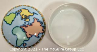 Tiffany & Co. Porcelain World Map Lidded Trinket Box.  Measures 4" Diameter.