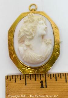 Vintage Pink Shell Cameo Brooch and Pendant in 10kt Gold Surround; total weight 13g