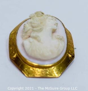 Vintage Pink Shell Cameo Brooch and Pendant in 10kt Gold Surround; total weight 13g