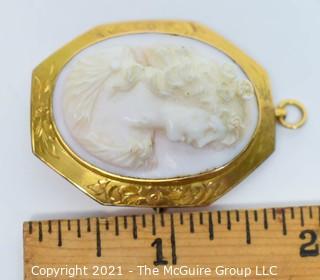 Vintage Pink Shell Cameo Brooch and Pendant in 10kt Gold Surround; total weight 13g