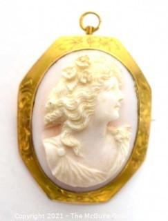 Vintage Pink Shell Cameo Brooch and Pendant in 10kt Gold Surround; total weight 13g