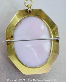 Vintage Pink Shell Cameo Brooch and Pendant in 10kt Gold Surround; total weight 13g