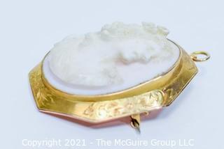 Vintage Pink Shell Cameo Brooch and Pendant in 10kt Gold Surround; total weight 13g