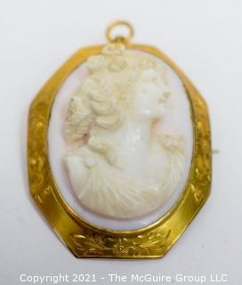 Vintage Pink Shell Cameo Brooch and Pendant in 10kt Gold Surround; total weight 13g