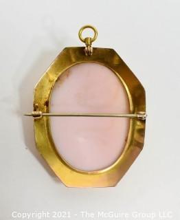 Vintage Pink Shell Cameo Brooch and Pendant in 10kt Gold Surround; total weight 13g