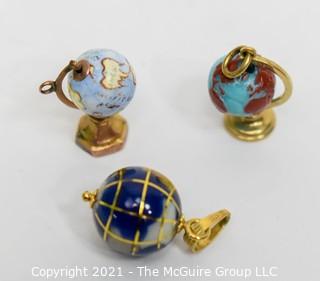 Three (3) Vintage Gold Articulated Lapis Stone and Glass Globes on Stands, Charms or Pendants.