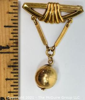 Two Piece Gold Brooch with Articulated Globe Charm or Pendant. Dorson's Brooch is 12kt Rolled Gold Plate and Charm is 14kt. Charm weighs 1.5g.  