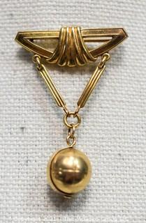 Two Piece Gold Brooch with Articulated Globe Charm or Pendant. Dorson's Brooch is 12kt Rolled Gold Plate and Charm is 14kt. Charm weighs 1.5g.  