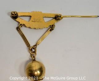 Two Piece Gold Brooch with Articulated Globe Charm or Pendant. Dorson's Brooch is 12kt Rolled Gold Plate and Charm is 14kt. Charm weighs 1.5g.  