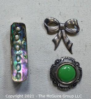 Three (3) Sterling Silver Brooches Including Bow, Abalone Shell and Green Stone. 