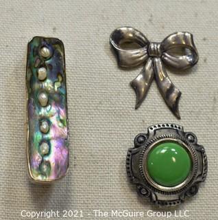 Three (3) Sterling Silver Brooches Including Bow, Abalone Shell and Green Stone. 