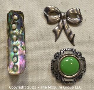 Three (3) Sterling Silver Brooches Including Bow, Abalone Shell and Green Stone. 