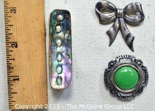 Three (3) Sterling Silver Brooches Including Bow, Abalone Shell and Green Stone. 