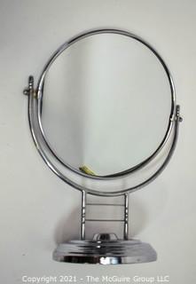 Art Deco Chrome Vanity Table Top Mirror.  Measures 13" in Diameter and 17" Tall.