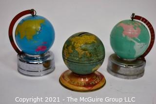 Three (3) Vintage Metal Litho Globe Banks on Stands.