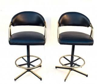 Pair of 1960's Sculptural Chrome and Black Vinyl Bar Stools