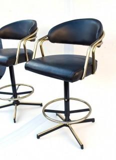 Pair of 1960's Sculptural Chrome and Black Vinyl Bar Stools