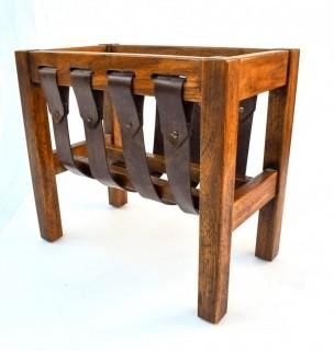 Vintage Arts And Crafts Mission Style Wood with Leather Straps Magazine Rack.