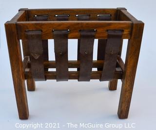 Vintage Arts And Crafts Mission Style Wood with Leather Straps Magazine Rack.