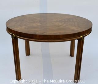 Vintage Walnut Campaign Style Dining Table From The Drexel Accolade Collection with One 20"W Leaf Extension.