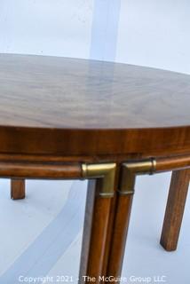 Vintage Walnut Campaign Style Dining Table From The Drexel Accolade Collection with One 20"W Leaf Extension.