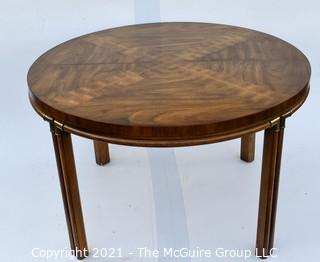 Vintage Walnut Campaign Style Dining Table From The Drexel Accolade Collection with One 20"W Leaf Extension.