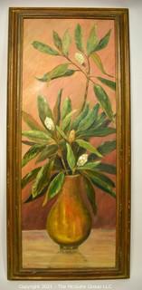 Framed Oil On Canvas Painting, Still Life With Palm Leaves in Yellow Vase,  Signed  by Artist Alice W. Smith.  Measures 26"H X 22"W.