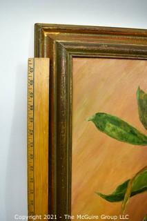 Framed Oil On Canvas Painting, Still Life With Palm Leaves in Yellow Vase,  Signed  by Artist Alice W. Smith.  Measures 26"H X 22"W.