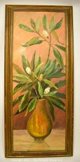 Framed Oil On Canvas Painting, Still Life With Palm Leaves in Yellow Vase,  Signed  by Artist Alice W. Smith.  Measures 26"H X 22"W.