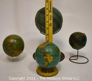 Four (4) Vintage Metal Litho World Globes on Stands.